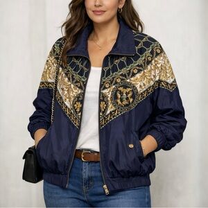 Vintage Gallery Sport 90s Silk Baroque Windbreaker Equestrian Crest Size L Blue